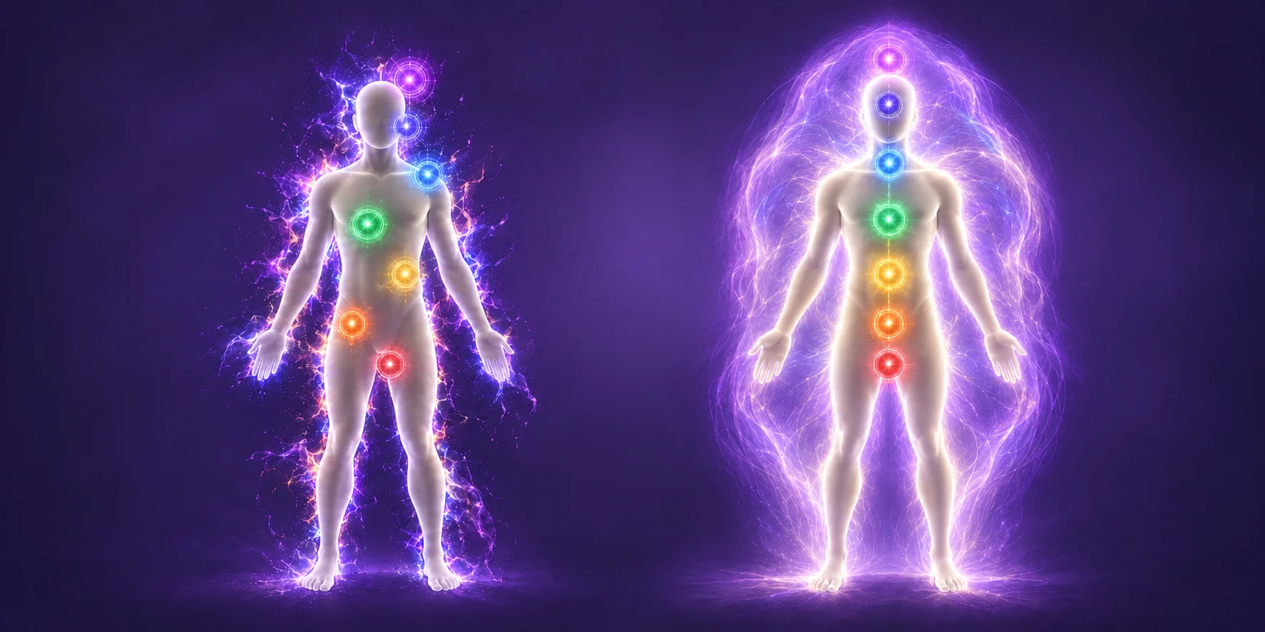 Antes y después: el campo energético y los chakras en desequilibrio, y luego alineados y luminosos